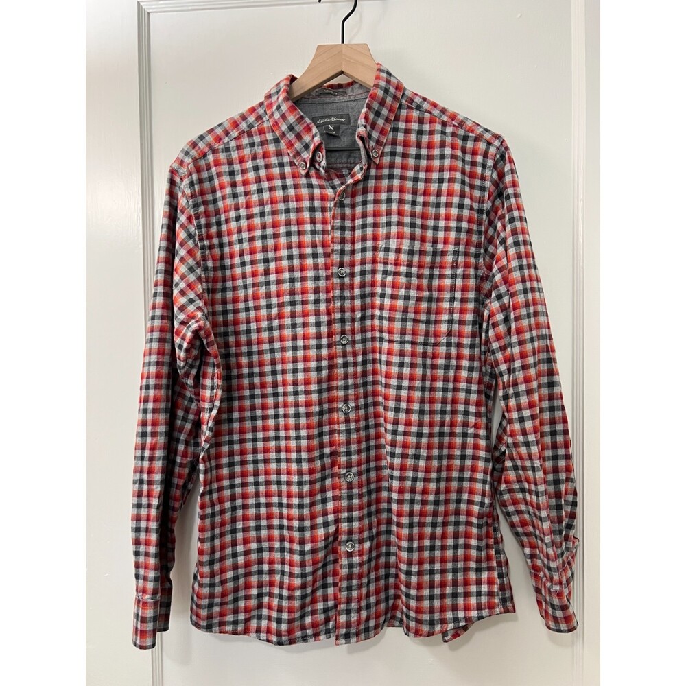 Eddie Bauer Men's Flannel Shirt Gray Red Orange Plaid Button Down L/S Size M